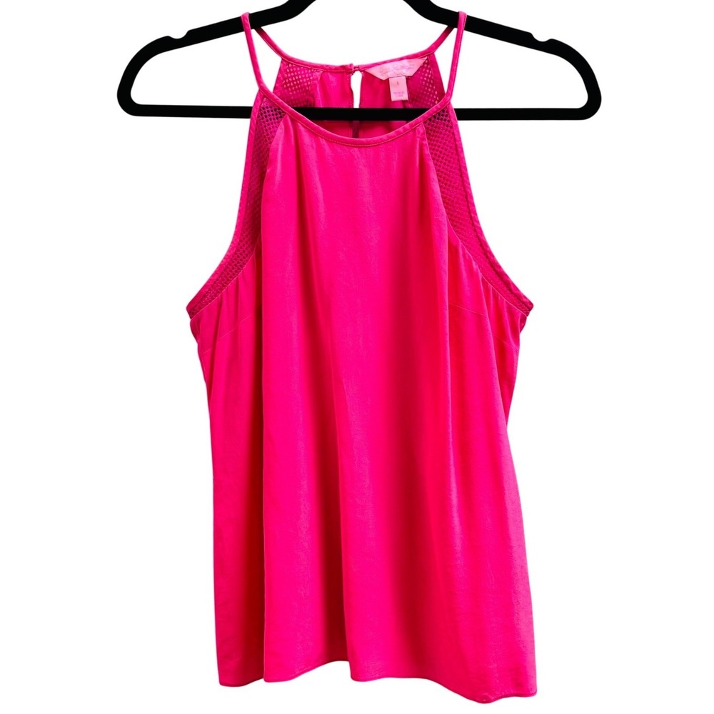 Lilly Pulitzer Pink Silk Halter Tank Top Lattice Mesh Trim Keyhole Back Small